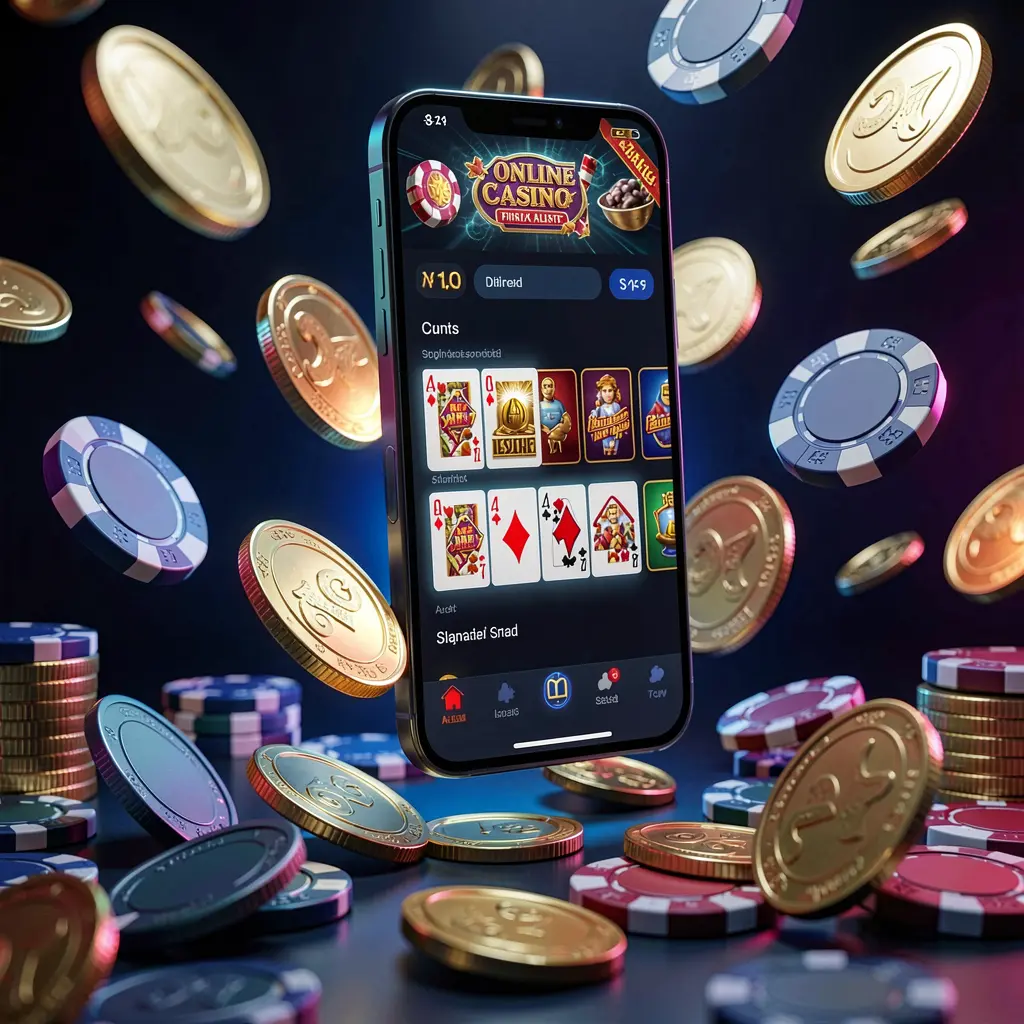 Banner promosi aplikasi kasino daring HOYA77 yang menampilkan ponsel melayang di atas koin emas dan keping poker dengan latar belakang biru tua dan hitam serta cahaya neon sinematik dalam render 3D realistis