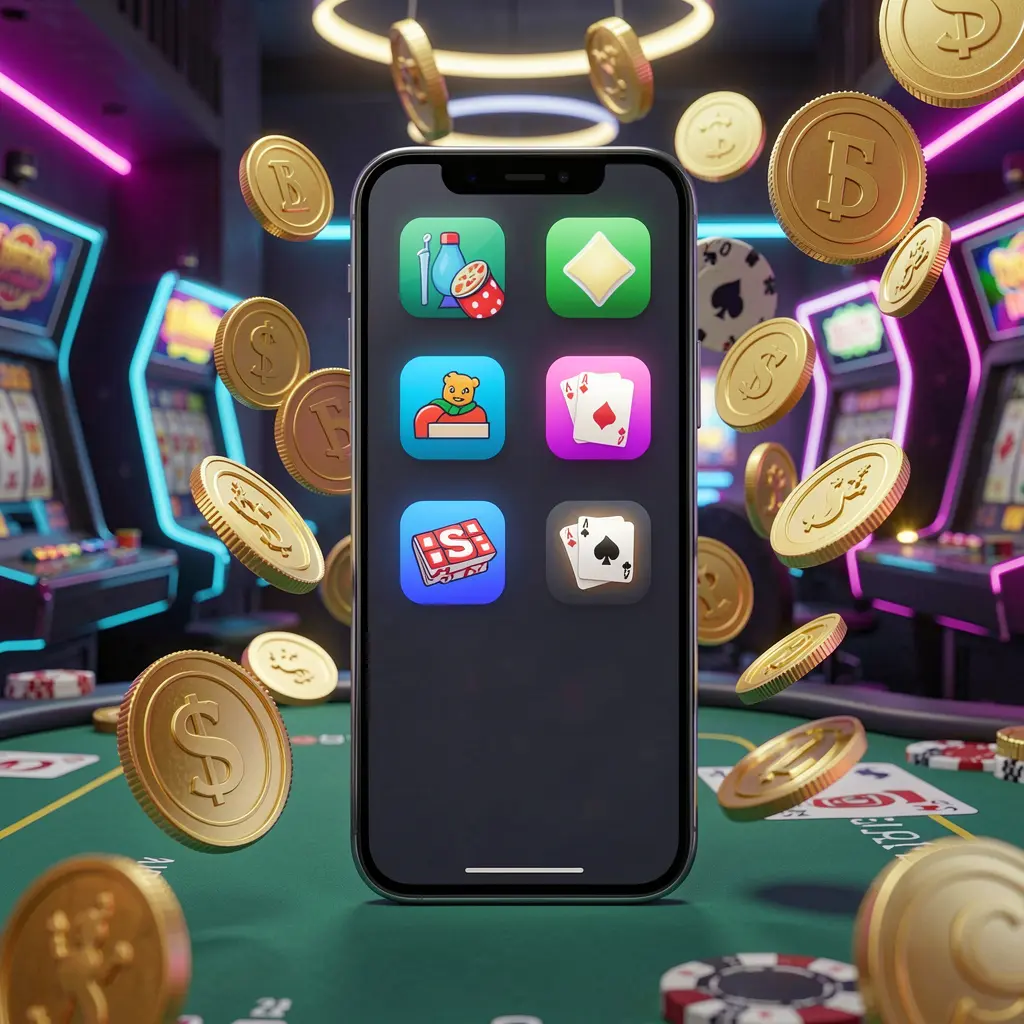 Konsep aplikasi kasino Android HOYA77 yang ditampilkan pada ponsel modern dengan ikon aplikasi, dikelilingi koin emas dan simbol mesin slot yang melayang dalam suasana kasino neon, render 3D realistis