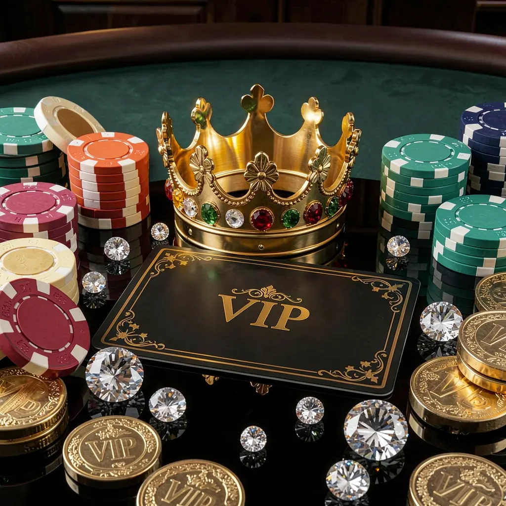 Konsep bonus kasino VIP HOYA77 yang menampilkan mahkota emas, kartu keanggotaan mewah, keping poker, berlian, dan koin yang tersusun di atas meja hitam mengilap dalam gaya premium yang elegan
