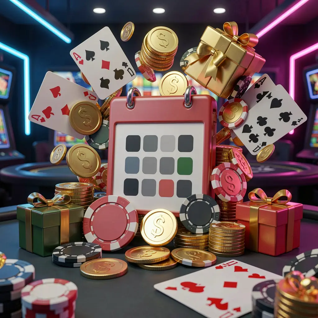 Konsep bonus kasino daring mingguan HOYA77 yang menampilkan ikon kalender yang dikelilingi koin emas, kotak hadiah, keping poker, dan kartu remi dalam suasana kasino meriah dengan latar belakang modern gelap dan lampu neon
