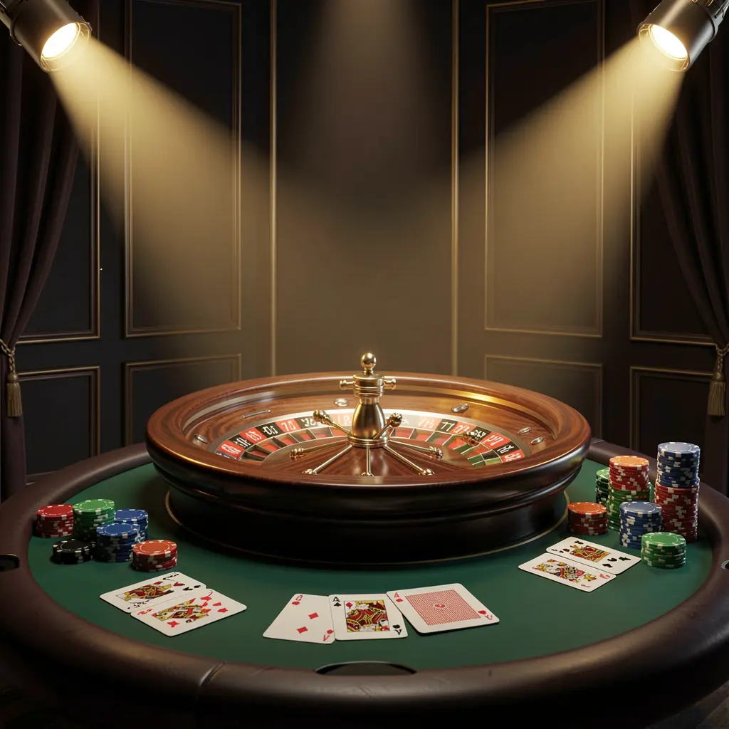Adegan kasino langsung HOYA77 yang menampilkan meja roulette, kartu remi, dan keping di bawah sorotan lampu bercahaya dengan latar belakang gelap yang elegan dalam gaya 3D sinematik