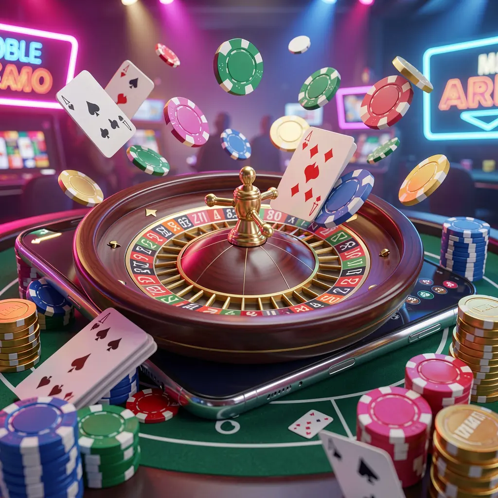 Pengalaman kasino seluler HOYA77 dengan ponsel pintar yang dikelilingi roda roulette, keping, kartu, dan koin dalam suasana kasino neon yang cerah