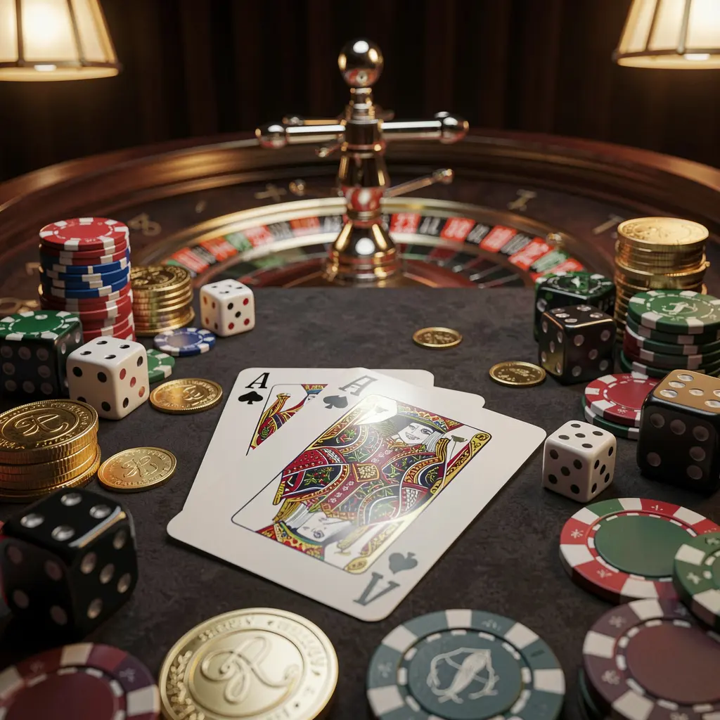 Beranda kasino daring HOYA77 yang elegan menampilkan kartu royal flush, dadu, koin emas, keping poker di atas meja gelap dengan roda roulette bercahaya di latar belakang dalam render 3D sinematik Beranda kasino daring HOYA77 yang elegan menampilkan kartu royal flush, dadu, koin emas, keping poker di atas meja gelap dengan roda roulette bercahaya di latar belakang dalam render 3D sinematik